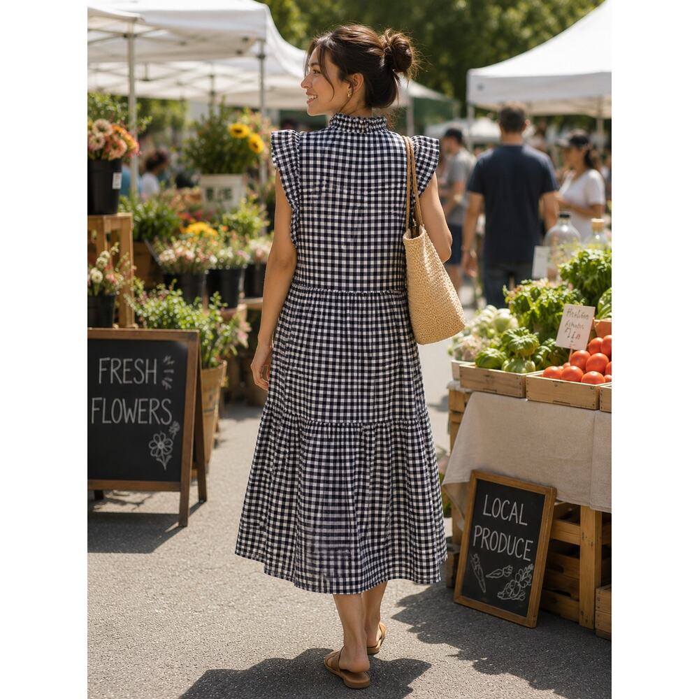 Felicite | Gingham Ruffle Neck Dress - Picture 2 of 8